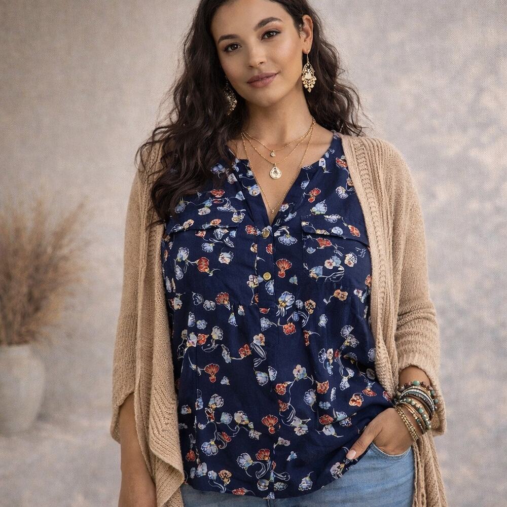 Boho Floral Sleeveless Blouse 2X Plus Size Navy Cottagecore Casual Tunic Top